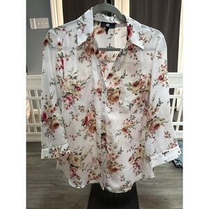 IZ BYER Womens White Floral Rose Print Button Down 3/4 Sleeve Blouse Top large